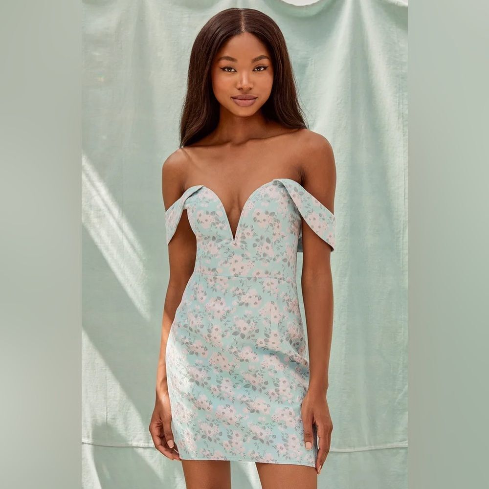 Lulus Favorite Song Blue Floral Jacquard Off-the-Shoulder Mini Dress